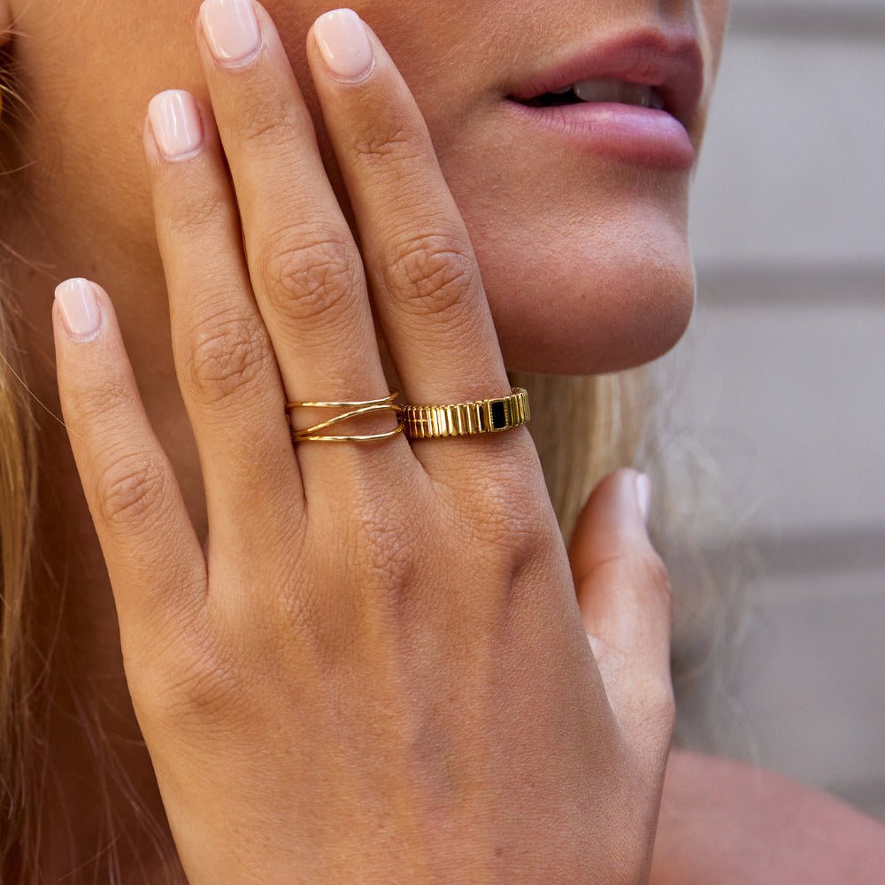 Black Kristallen Ribbed Ring Secundaire afbeelding
