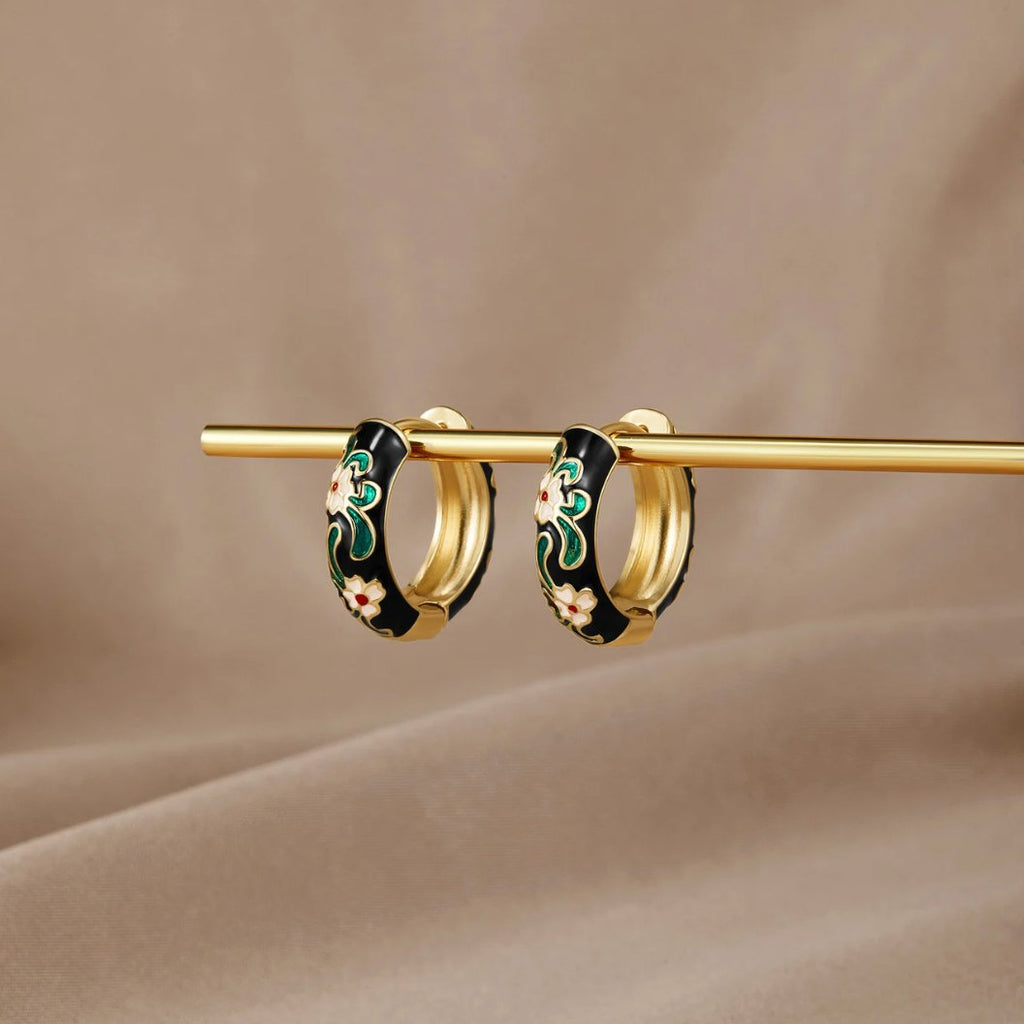Zwarte Gouden Ronde Flower Oorbellen