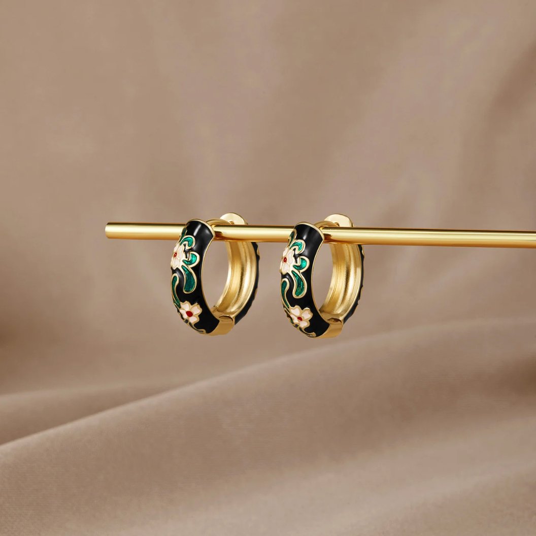 Zwarte Gouden Ronde Flower Oorbellen