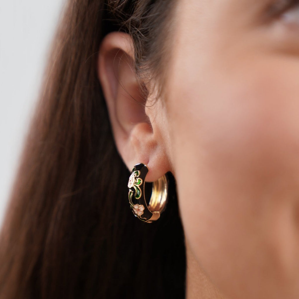 Zwarte Gouden Ronde Flower Oorbellen