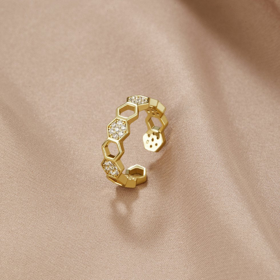Gouden & Kristallen Honeycomb Ring