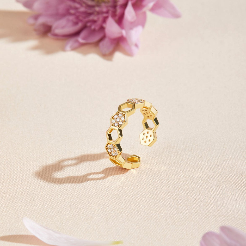 Gouden & Kristallen Honeycomb Ring