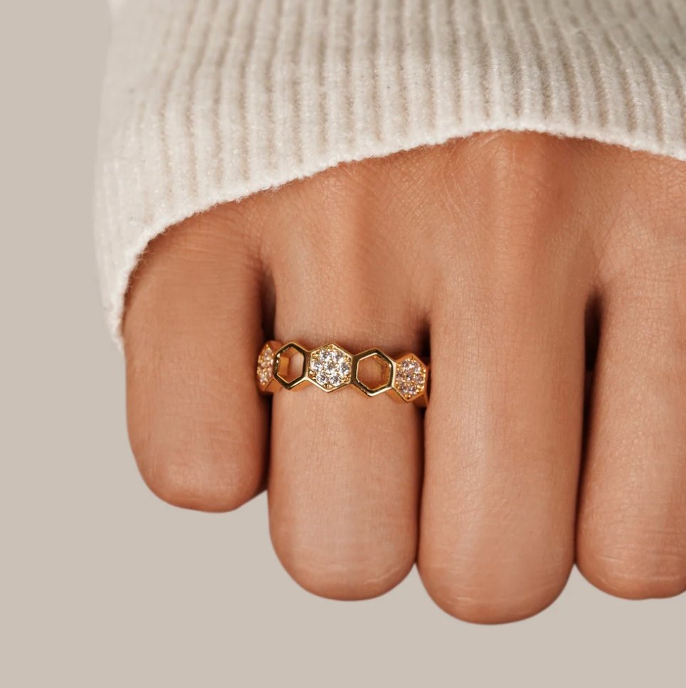 Gouden & Kristallen Honeycomb Ring