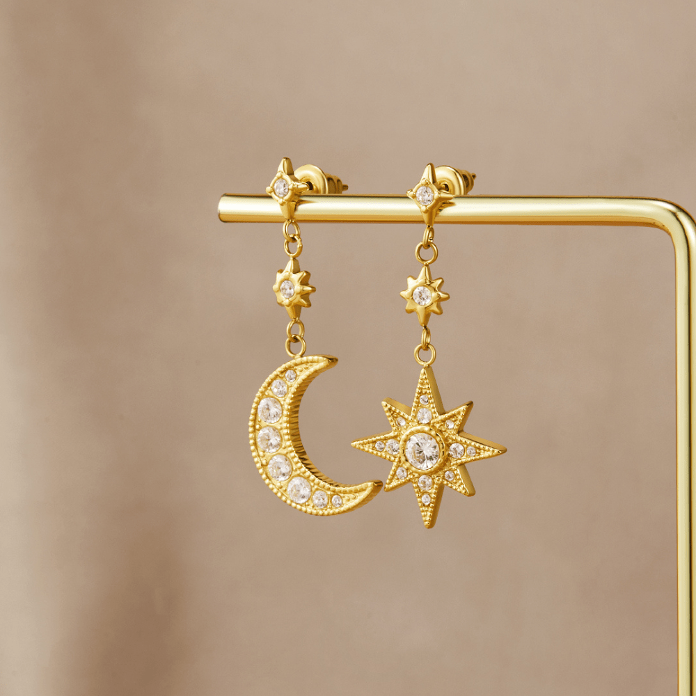 Gouden Kristallen Moon & Star Oorbellen
