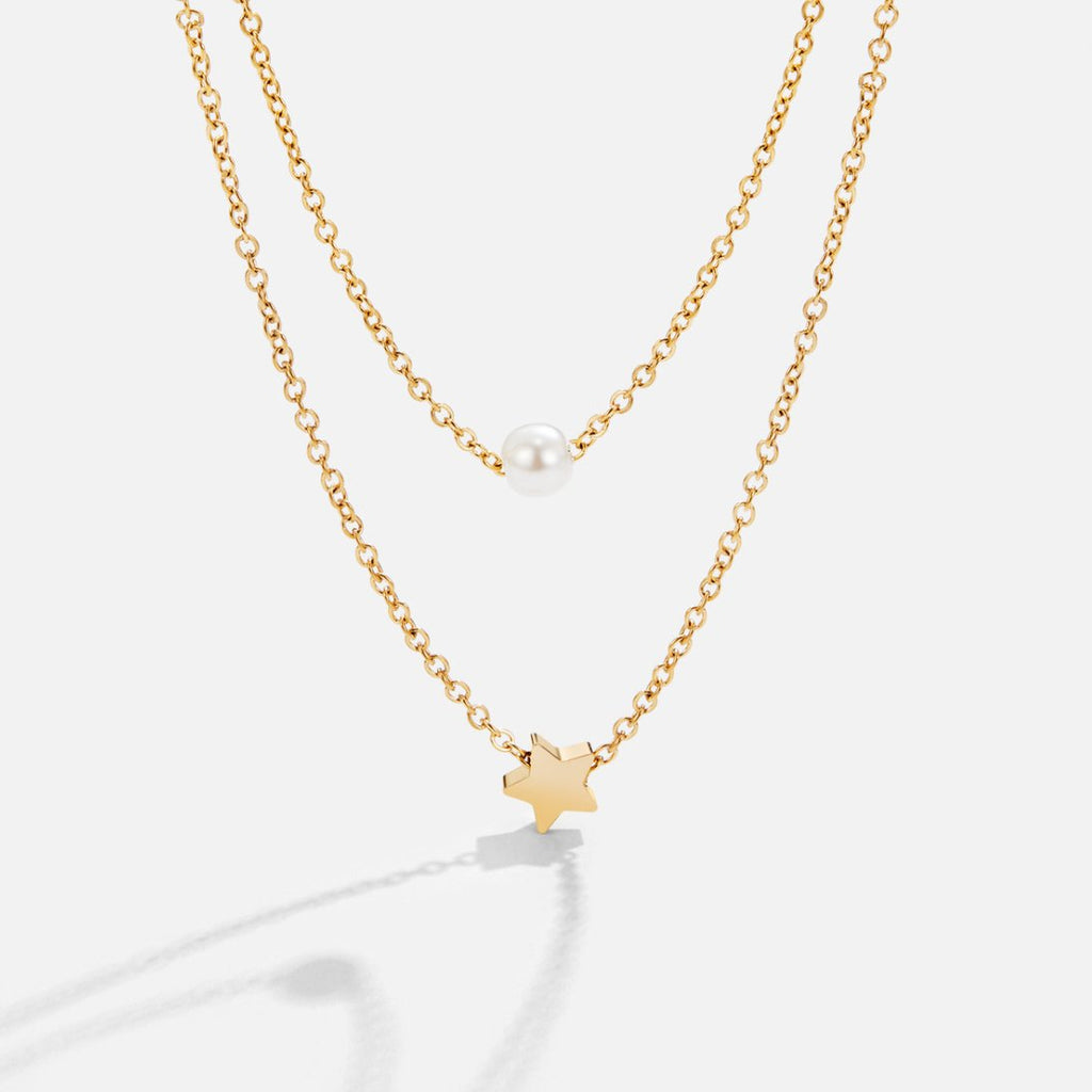 Gelaagde Gouden Ster & Parel Ketting