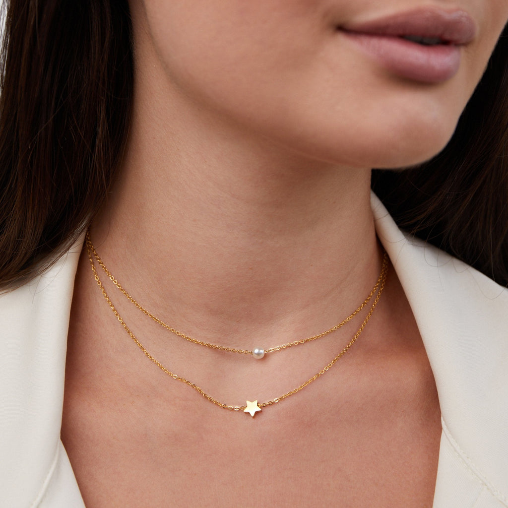 Gelaagde Gouden Ster & Parel Ketting