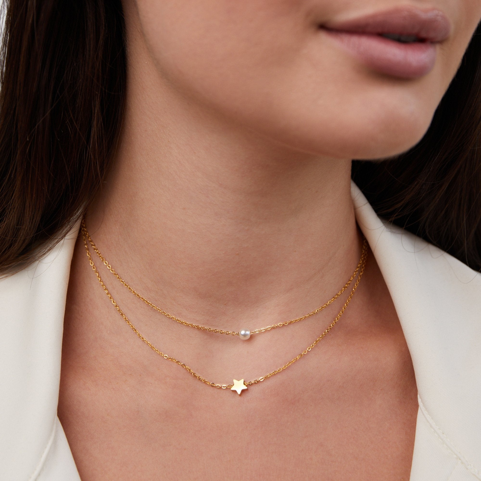 Gelaagde Gouden Ster & Parel Ketting