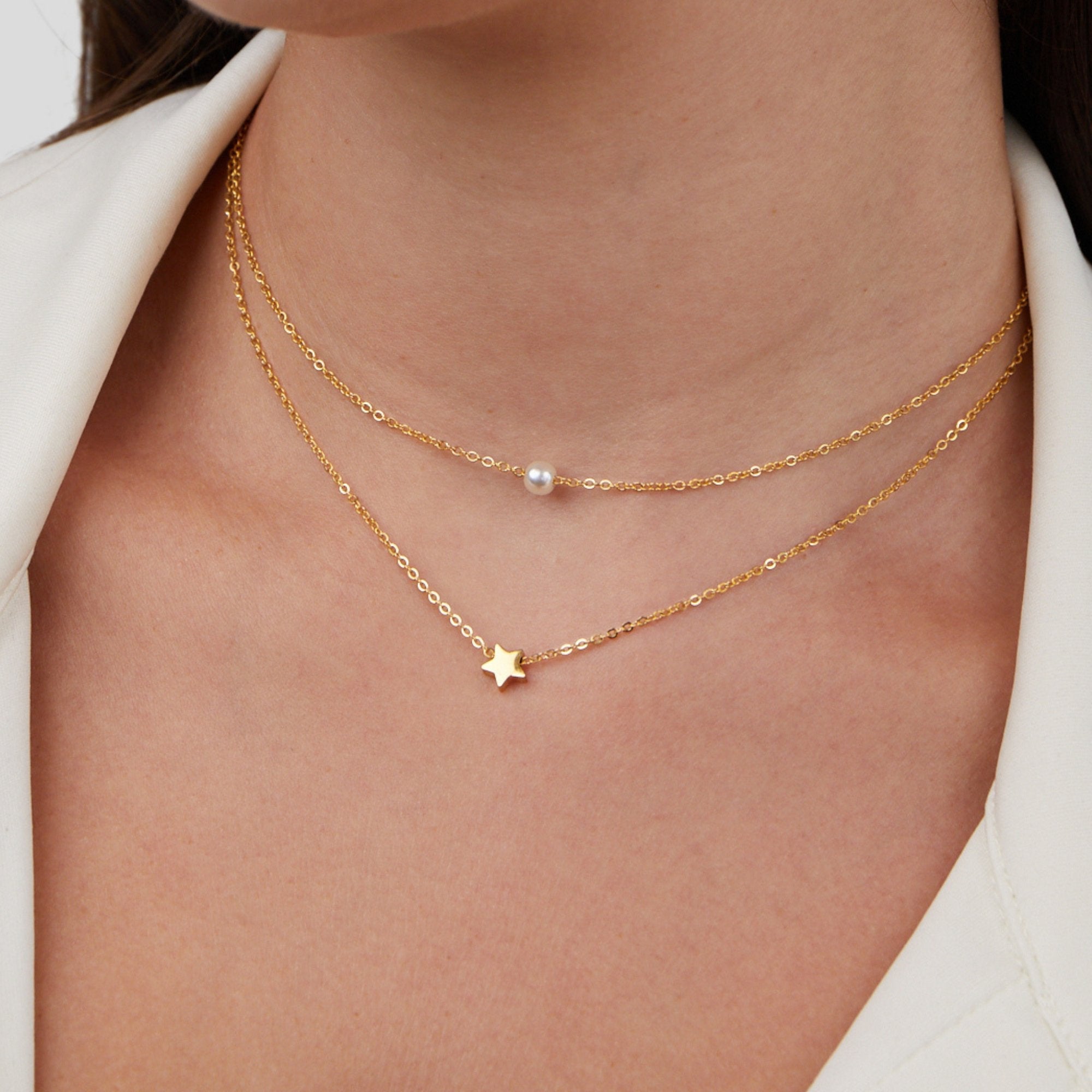 Gelaagde Gouden Ster & Parel Ketting