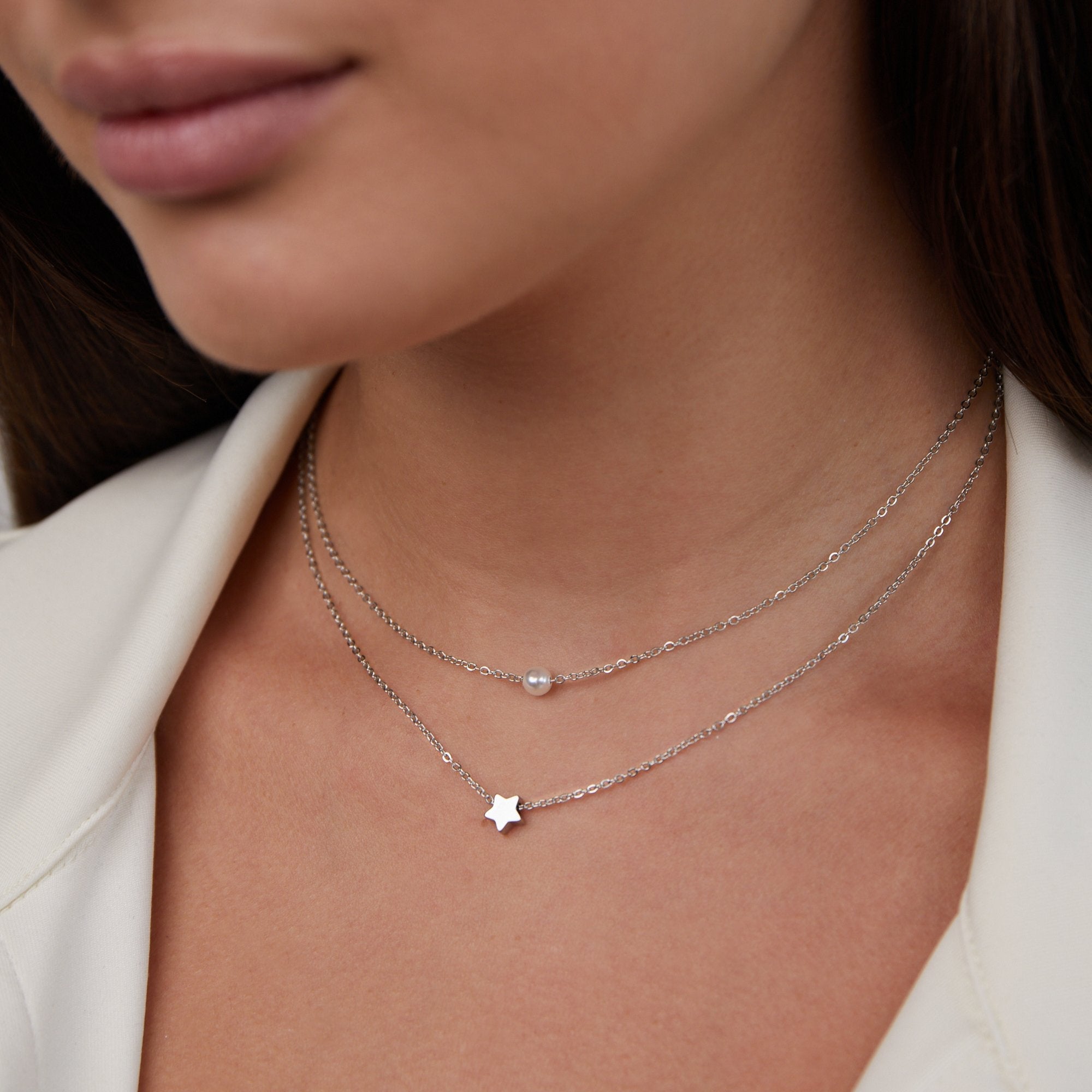 Gelaagde Zilveren Ster & Parel Ketting Secundaire afbeelding