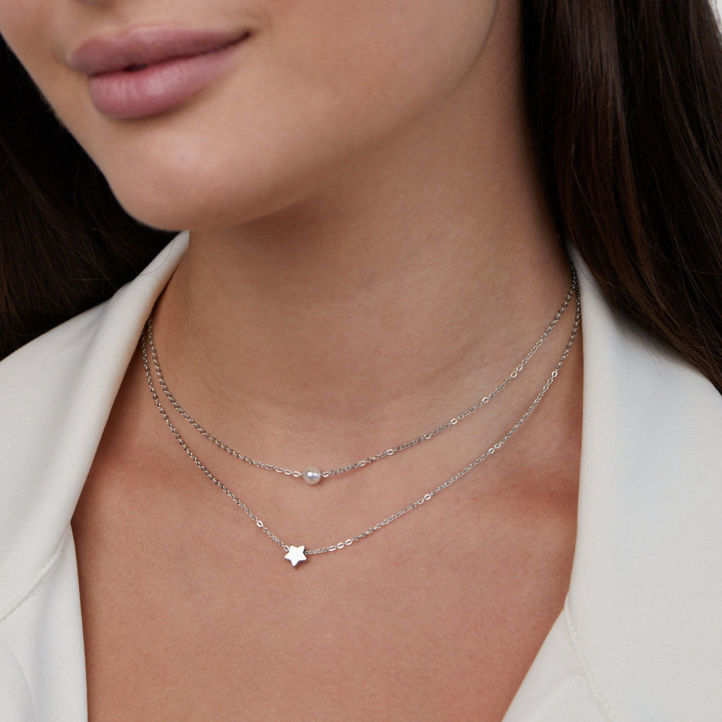 Gelaagde Zilveren Ster & Parel Ketting