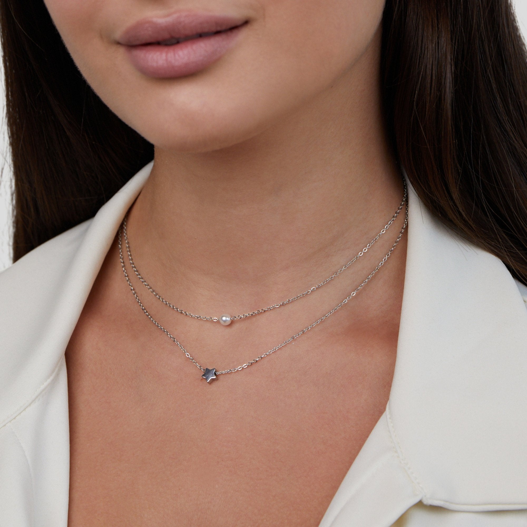 Gelaagde Zilveren Ster & Parel Ketting