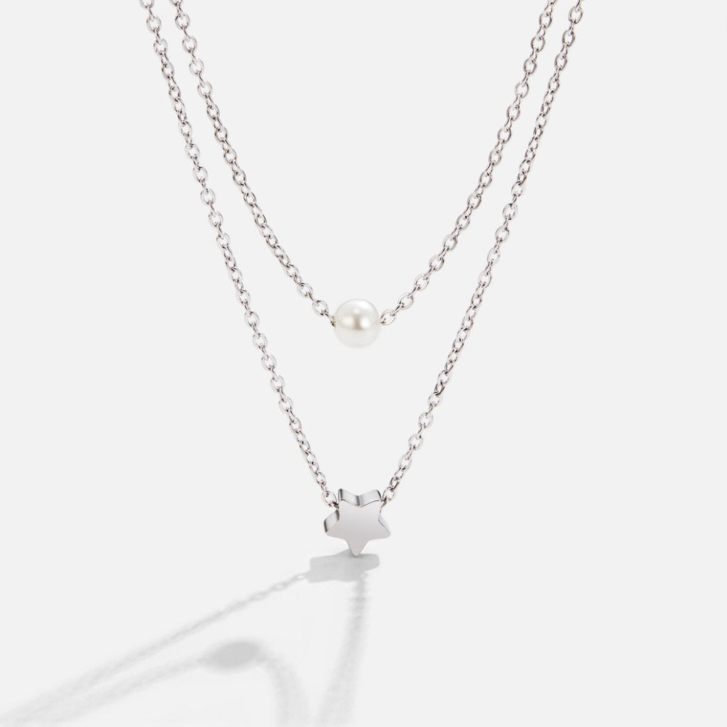 Gelaagde Zilveren Ster & Parel Ketting